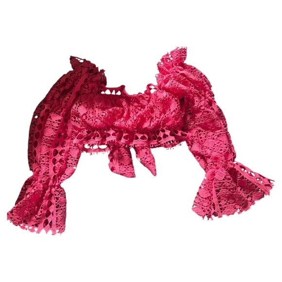 Women's Pink Lace Off-Shoulder Tie Front Top - Picture 6 of 6